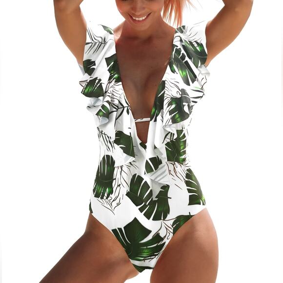 Tropical Swimsuit Green White V- Neck Ruffle 485 Deep Plunge Women's Size L New - Picture 1 of 1